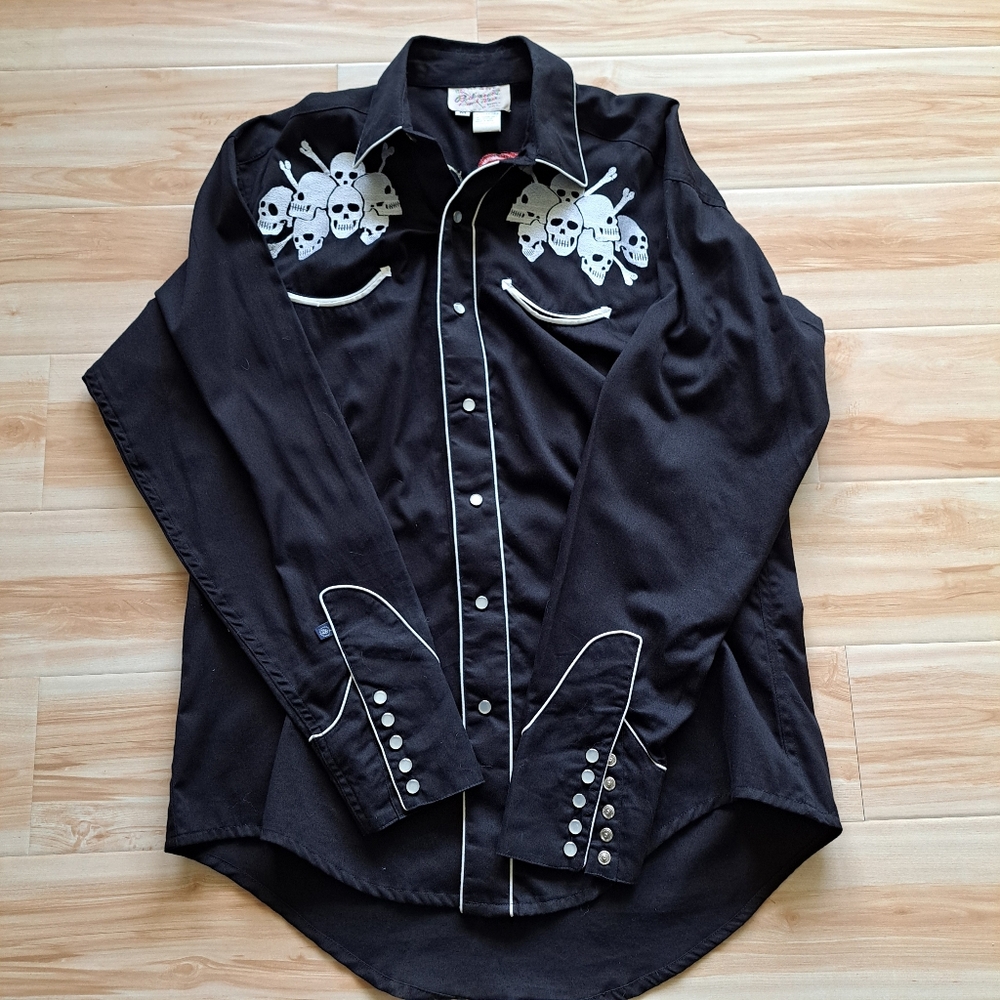Rockmount Western Wear Pearl Snap Shirt Men Medium With Skull Embroidery